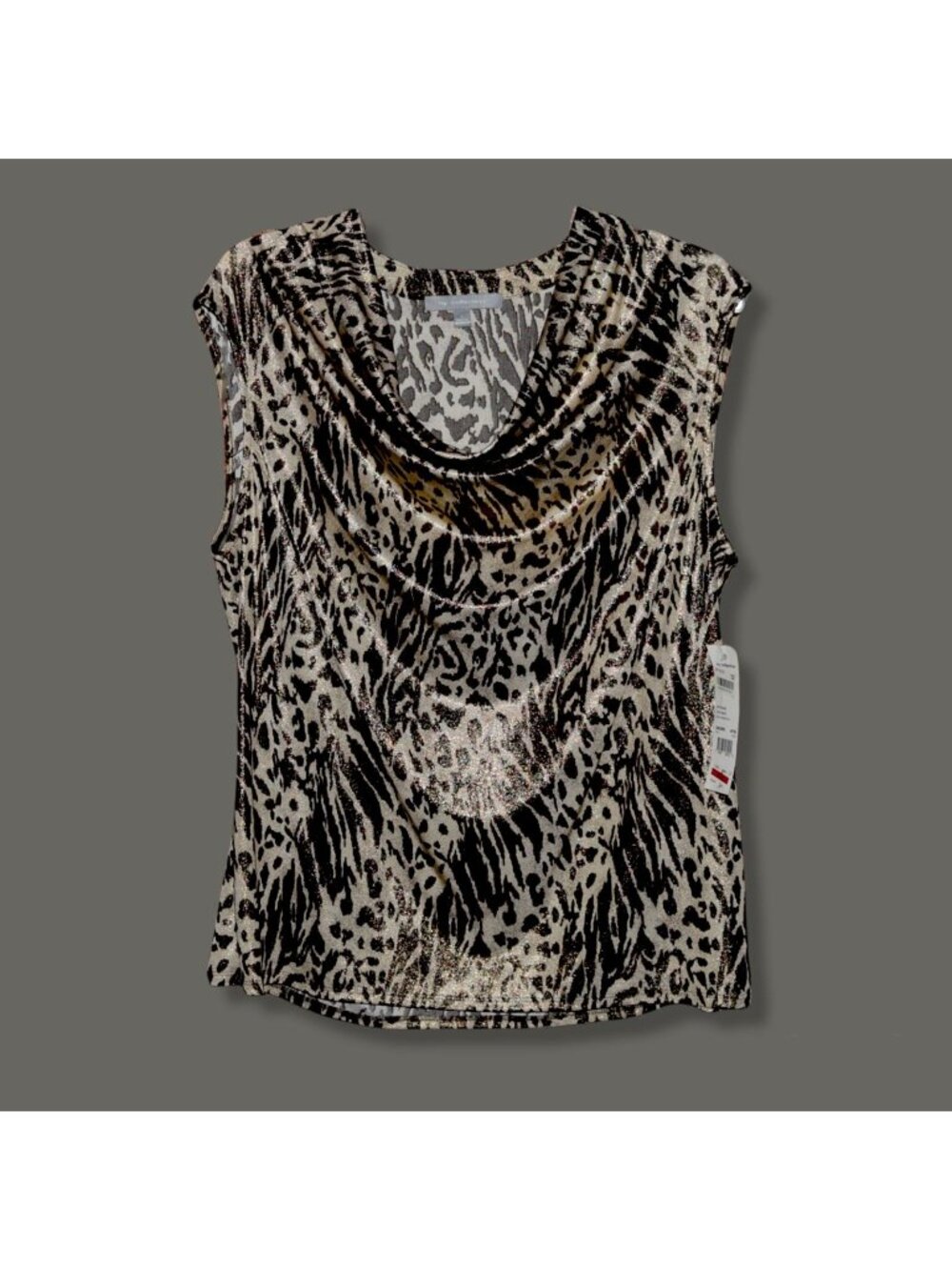New with Tags! NY Collection Women's Sz L Animal Print Metallic Draped Front Blo